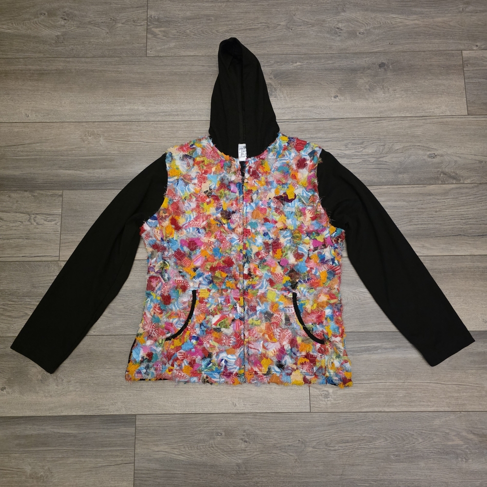 Parsley & Sage Colorful Patterned Patchwork Confetti Hoodie with Black Sleeves